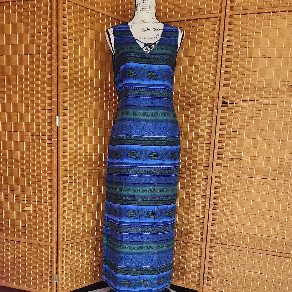 JUST IN THYME,Tropical Summer Sleeveless, Blue Green Turtle Patterned Maxi Dress